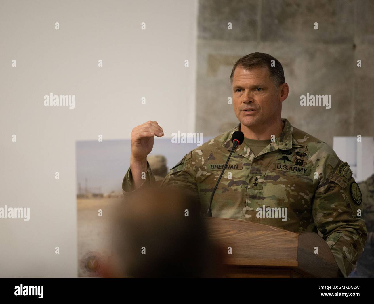 U.S. Army Maj. Gen. John W. Brennan, outgoing commander of Combined Joint Task Force - Operation Inherent Resolve, speaks during a transfer of authority ceremony at Baghdad, Iraq, Sept. 8, 2022. CJTF-OIR remains steadfast in its commitment to support partner forces in designated areas of Iraq and Syria as they secure the enduring defeat of Da’esh and prevent the group’s reemergence. Stock Photo