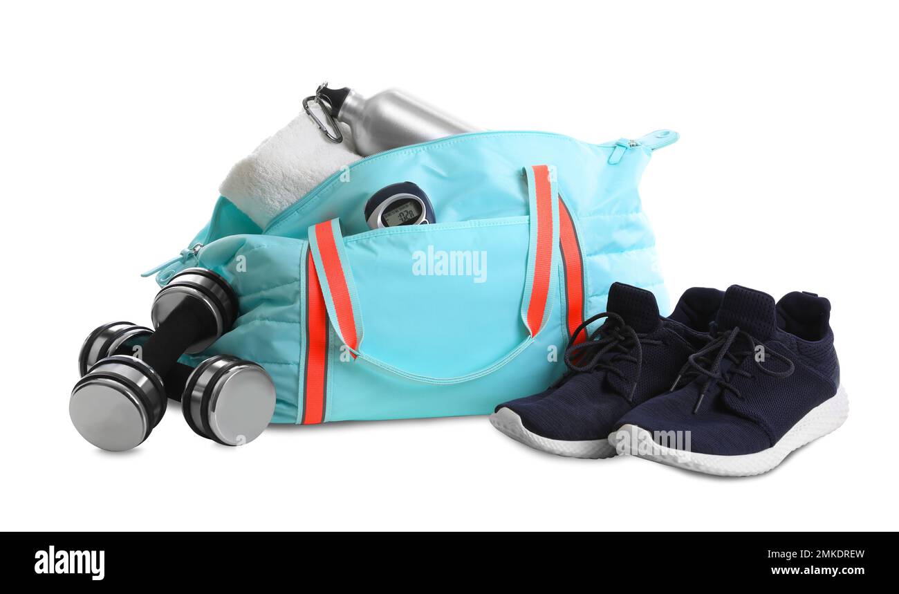 Sports bag with gym equipment on white background Stock Photo - Alamy