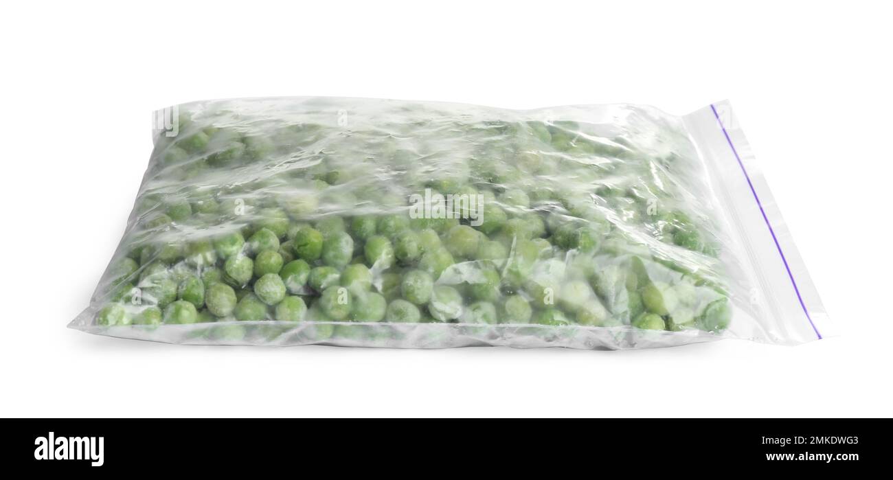 Frozen peas in plastic bag isolated on white. Vegetable preservation Stock Photo