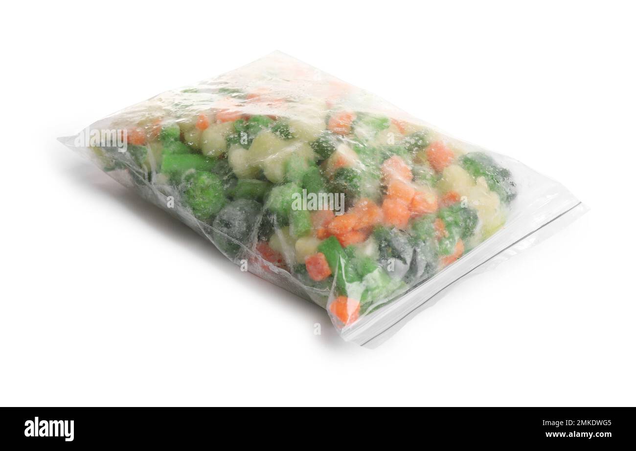 Frozen vegetables in plastic bag isolated on white Stock Photo