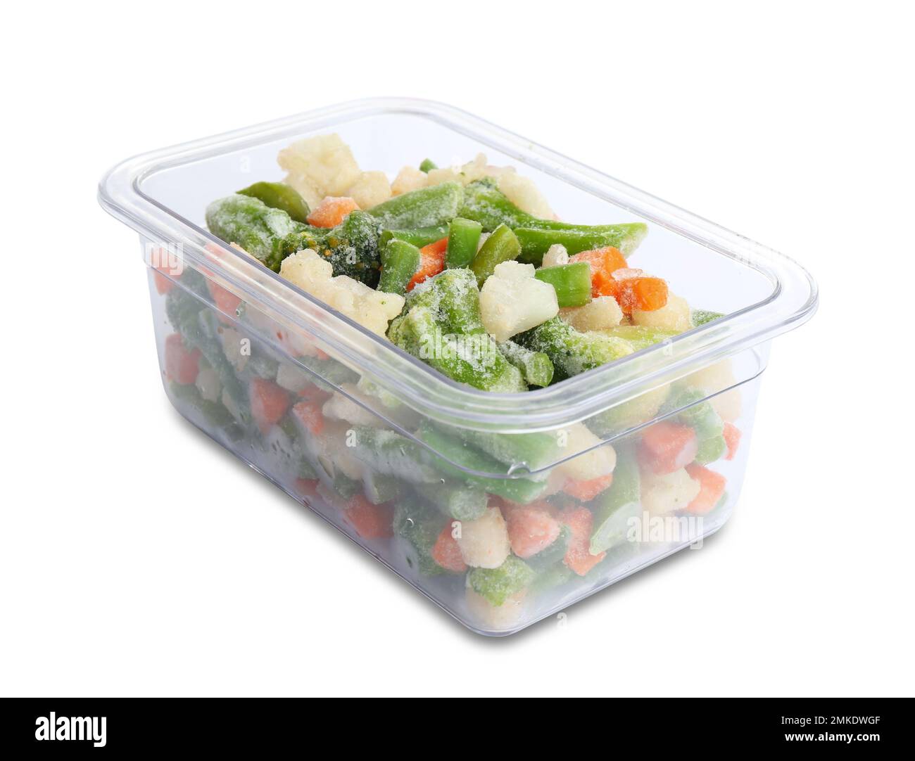 Frozen vegetables in plastic container isolated on white Stock Photo