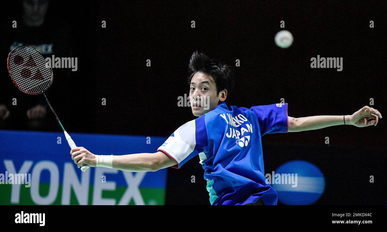 Japans Takuto Inoue and Yuki Kaneko, in the picture, play during their R32 match against Thailands Sara and Jongjit during the BWF World Tour Yonex German Open badminton tournament in Muelheim, Germany,