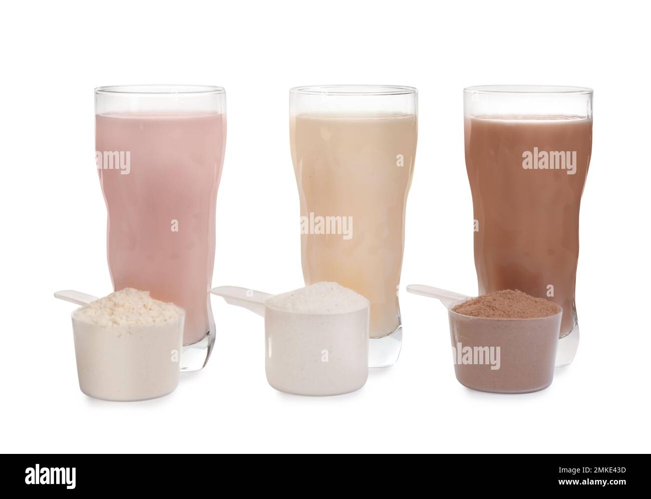 Protein shakes and different types of powder isolated on white Stock