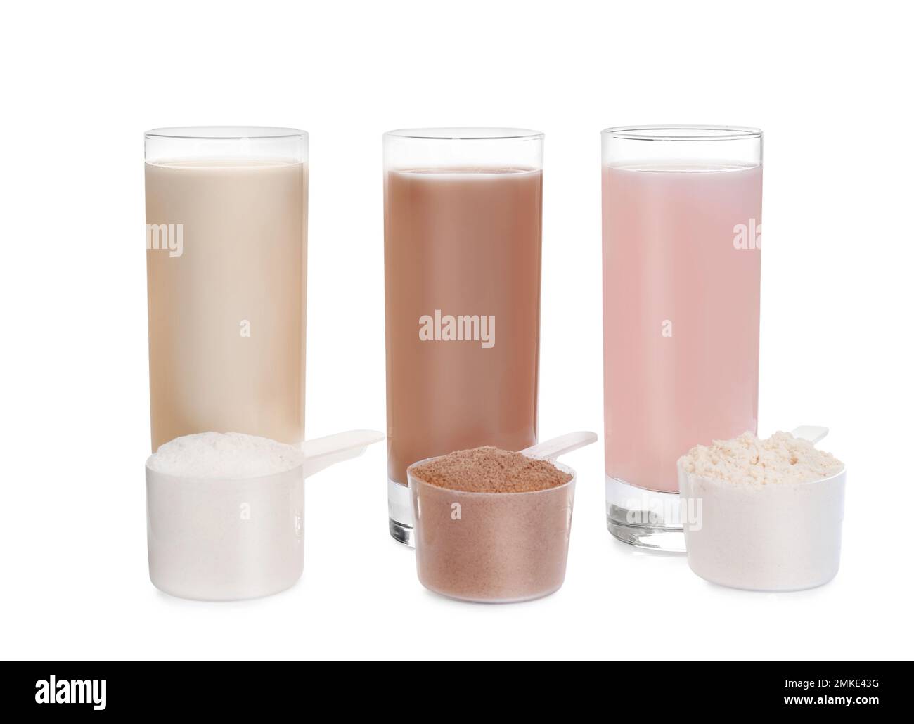 Protein shakes and different types of powder isolated on white Stock