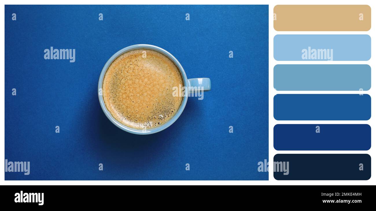 Black coffee on bright background, top view. Color of the year 2020