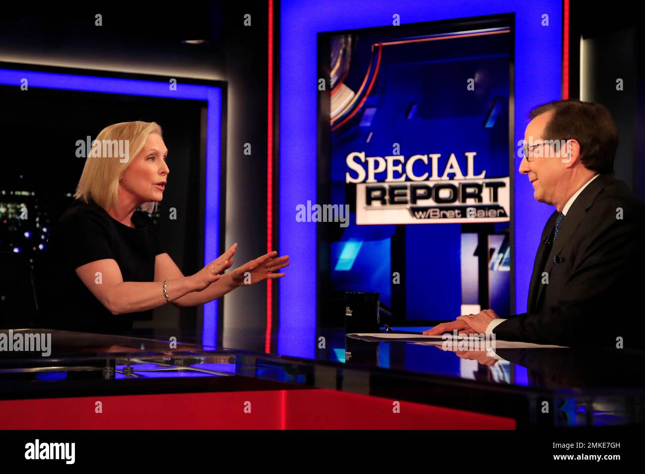 FOX News Channel anchor Chris Wallace, substituting for Bret Baier, interviews Democratic presidential candidate Sen. Kirsten Gillibrand, D-N.Y., on Special Report, in Washington, Monday, Feb. 25, 2019. (AP Photo/Manuel Balce Ceneta) Stock Photo