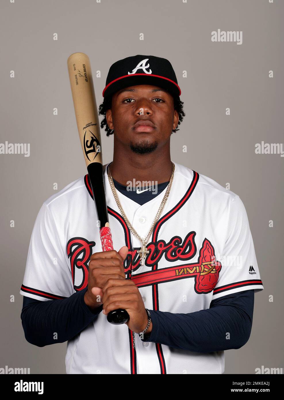 This is a 2019 photo of Ronald Acuna Jr. of the Atlanta Braves baseball team. This image reflects the 2019 active roster as of Friday Feb. 22, 2019, when this image was taken. (AP Photo/John Raoux) Stock Photo