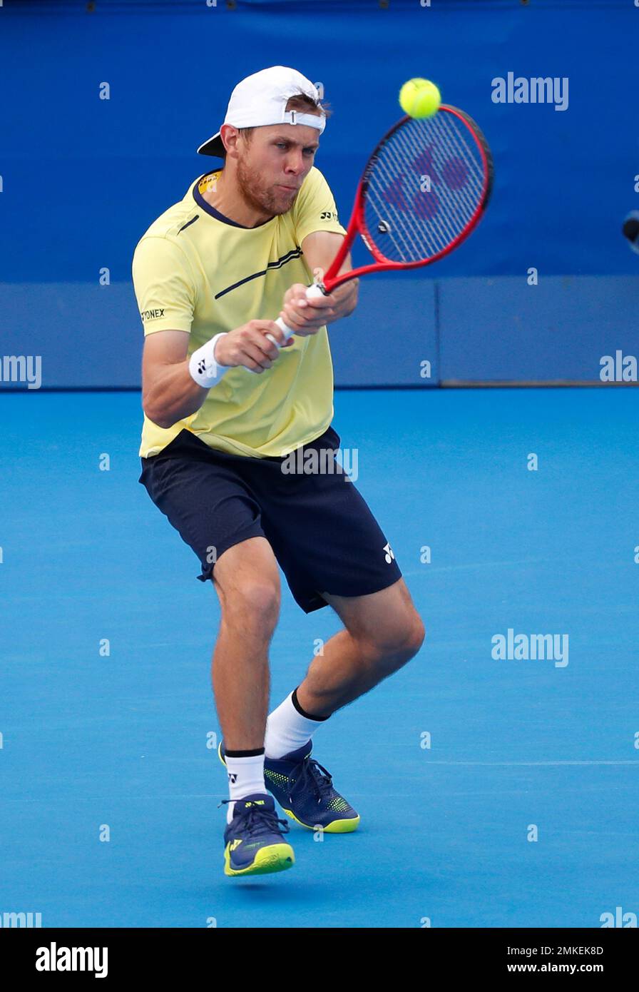 Radu Albot, of Moldova, returns a shot from Daniel Evans, of Britain,  during the final tennis match at the Delray Beach Open, Sunday, Feb. 24,  2019, in Delray Beach, Fla. (AP Photo/Wilfredo