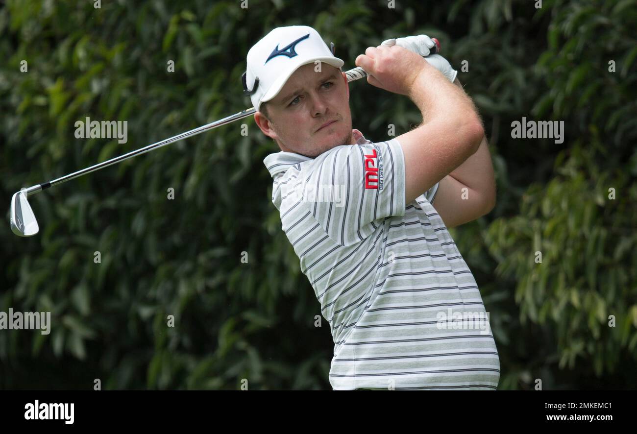 Eddie Pepperell watches his ball from the second hole during the WGC