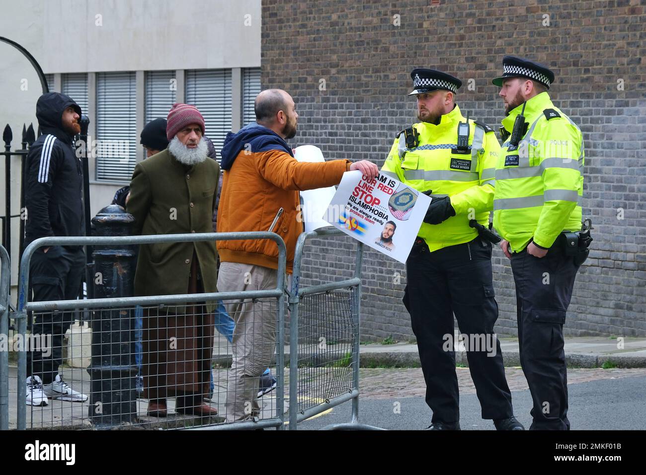 London, UK. 28th January 2023. Muslim protesters gathered to denounce the desecration of the Quran by far-right politician Rasmus Paludan - by burning and Edwin Wagensveld in the Netherlands, who tore apart the Holy text. The initial burning by Danish-Swede Paludan was carried out in front of the Turkish Embassy in Stockholm and the Swedish government sought to distance itself from the demonstration. Credit: Eleventh Hour Photography/Alamy Live News Stock Photo