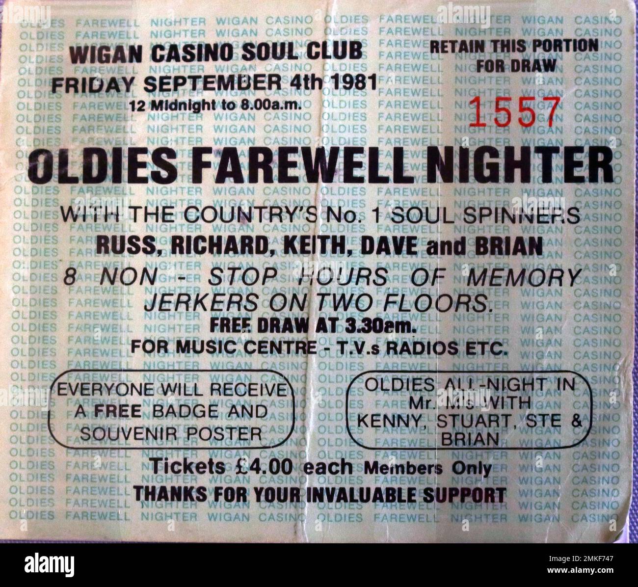 Wigan Casino Soul Club ticket, allnighter with Russ, Richard, Keith, Dave and Brian, free draw at 3:30am, Friday 4th Sep 1981 Stock Photo