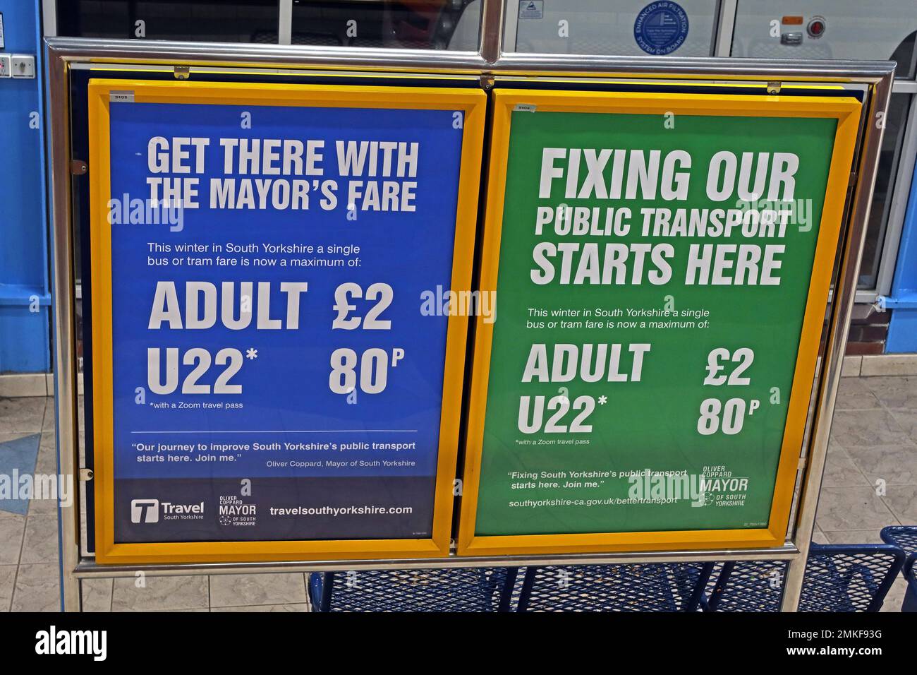 Sheffield and South Yorkshire, regional reduced bus fares, Get There With The Mayors fare - Fixing Our Public Transport Starts here Stock Photo