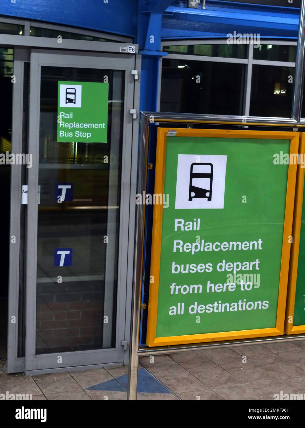 Rail Replacement bus stop, in Sheffield interchange  - sign indicating buses depart from here to all destinations Stock Photo
