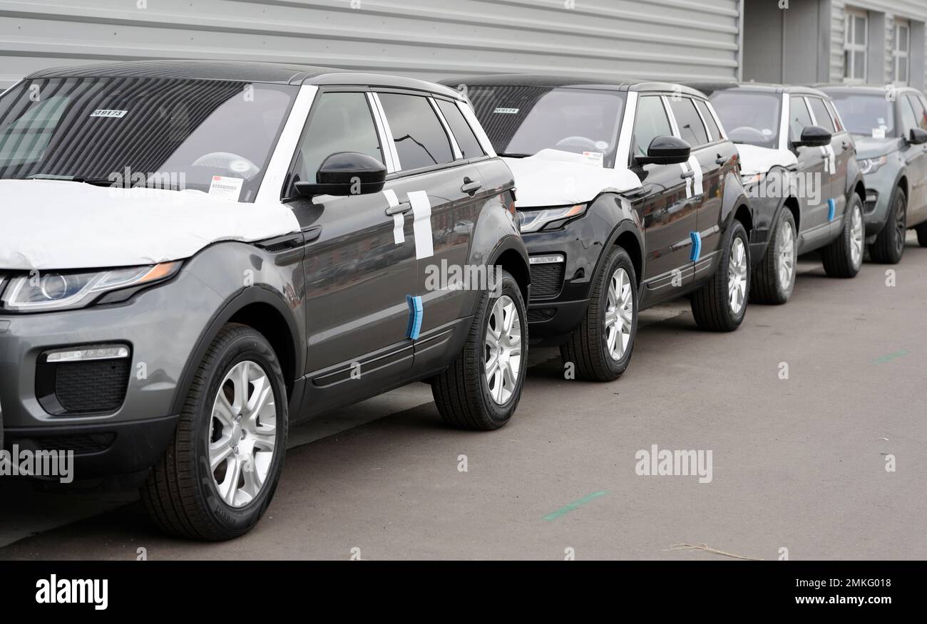 FILEIn this Sunday, Feb. 17, 2019, file photograph, unsold 2019 Evoque sportsutility vehicles