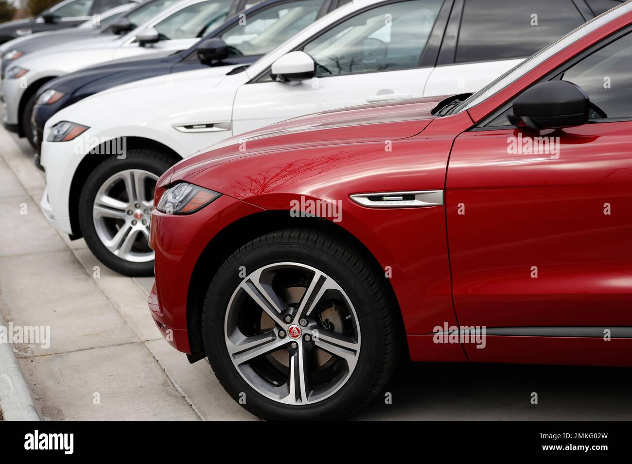 FILEIn this Sunday, Feb. 17, 2019, file photograph, unsold 2019 Jaguar FPace sports utility