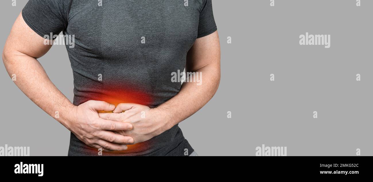 liver pain. highlighted painful liver of man on grey background. man
