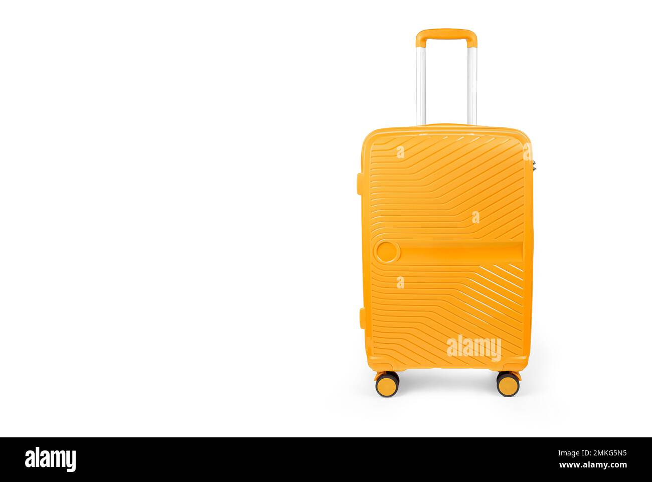 Yellow plastic travel suitcase with zipper, handle and lock isolated white background. close up, front view, large plastic baggage case, luggage troll Stock Photo
