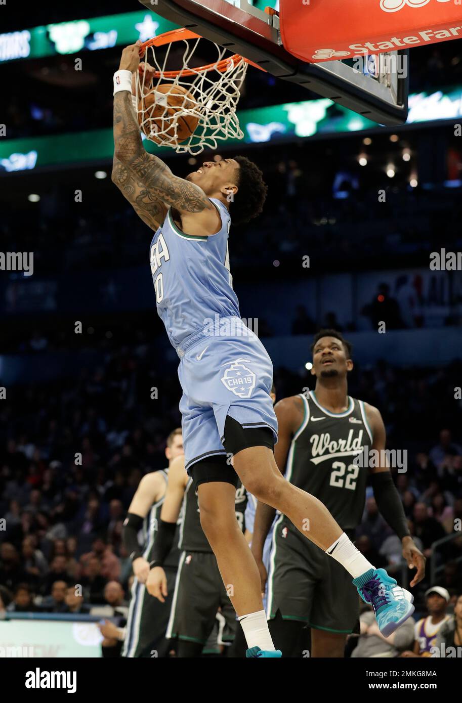 Atlanta Hawks John Collins heads to the hoop during the NBA All-Star Slam  Dunk contest, Saturday, Feb. 16, 2019, in Charlotte, N.C. (AP Photo/Chuck  Burton Stock Photo - Alamy