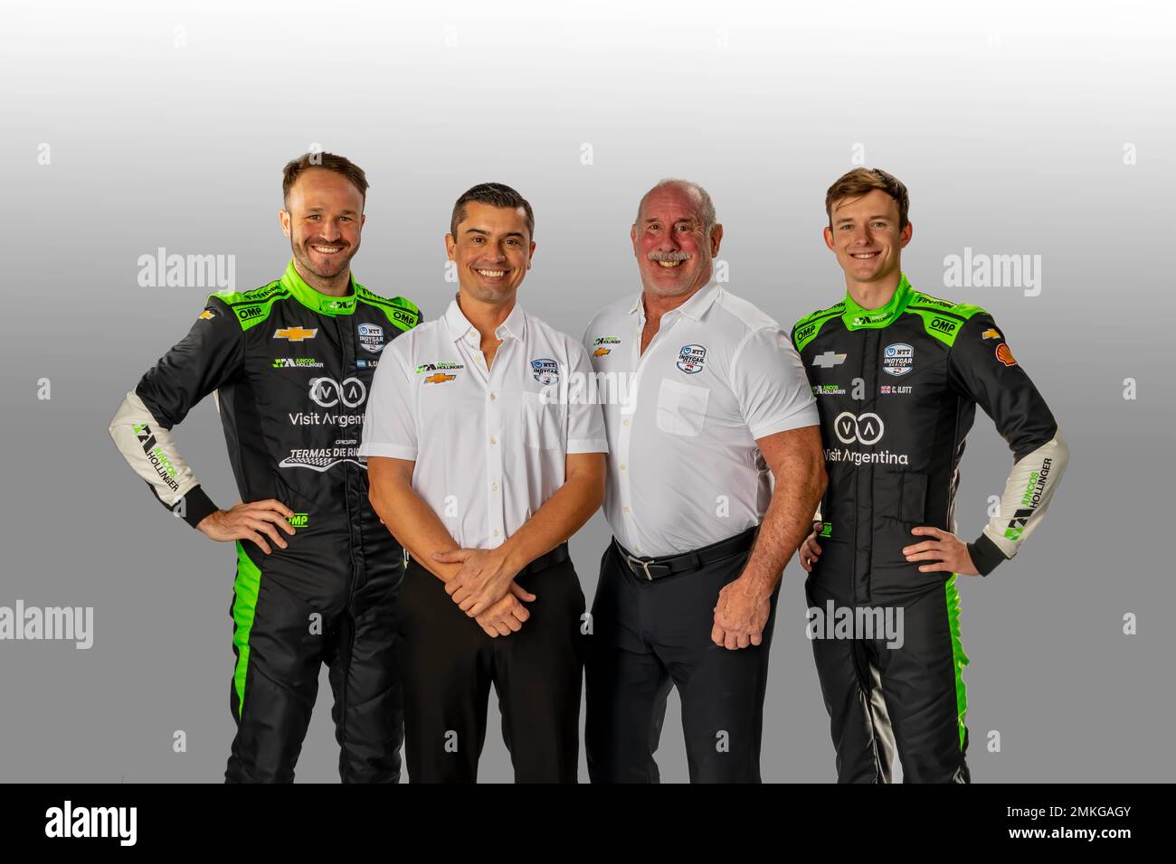 Speedway, IN, USA. 26th Jan, 2023. January 26, 2023 - Speedway, IN, USA: Owners, Ricardo Juncos and Brad Hollinger pose with their drivers, Agustin Canapino (78) and Callum Ilott (77) at Juncos Hollinger Racing World Headqurters in Speedway, IN, USA. (Credit Image: © Walter G. Arce Sr./ZUMA Press Wire) EDITORIAL USAGE ONLY! Not for Commercial USAGE! Stock Photo