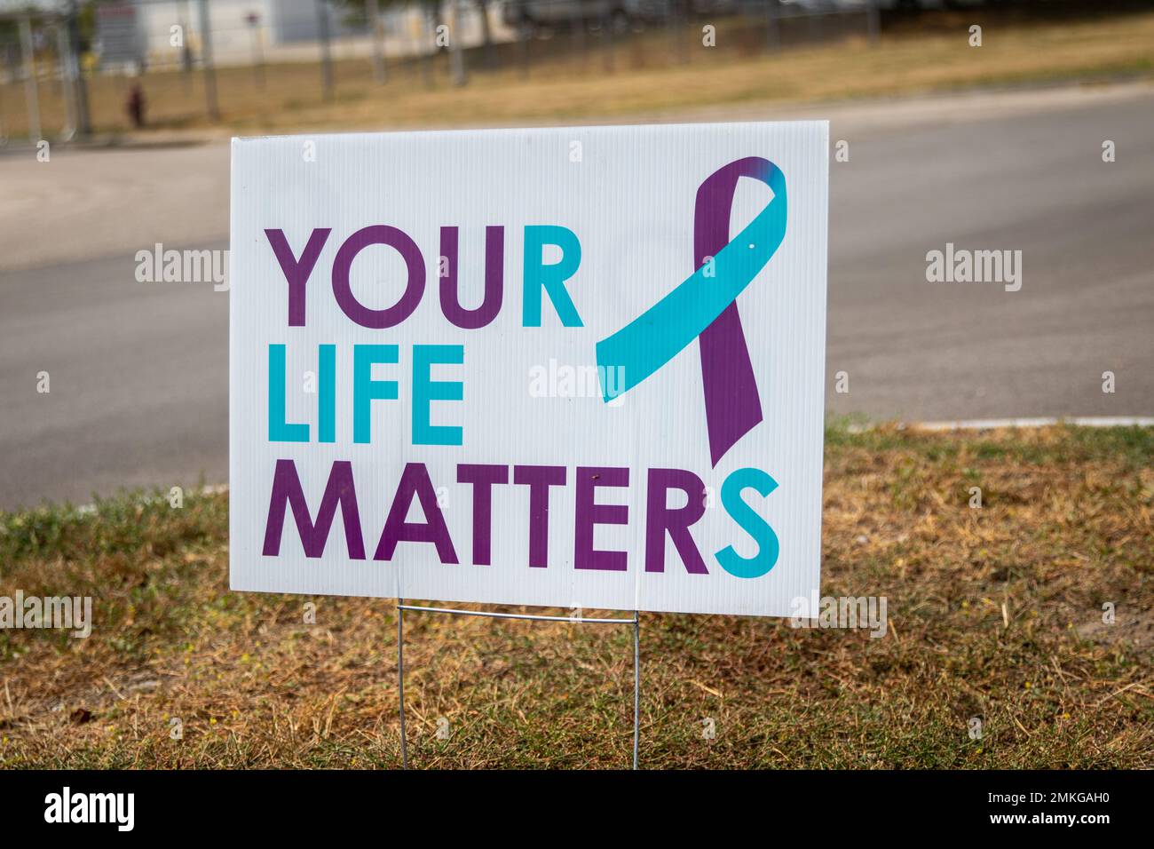 A sign reading 'Your Life Matters' is seen at the entrance to the Nebraska National Guard air base in Lincoln, Nebraska, on Sept. 9, 2022. September is National Suicide Prevention Awareness Month and Sept. 10, 2022 is World Suicide Prevention Day. If you or someone you know is experiencing thoughts of suicide, know that you are not alone and that someone is always available to listen. Free and confidential support is available 24/7, 365 days a year with the National Veterans Crisis Line. Dial 988 then press 1 to get connected to a caring, qualified responder trained to support Veterans. The Ve Stock Photo