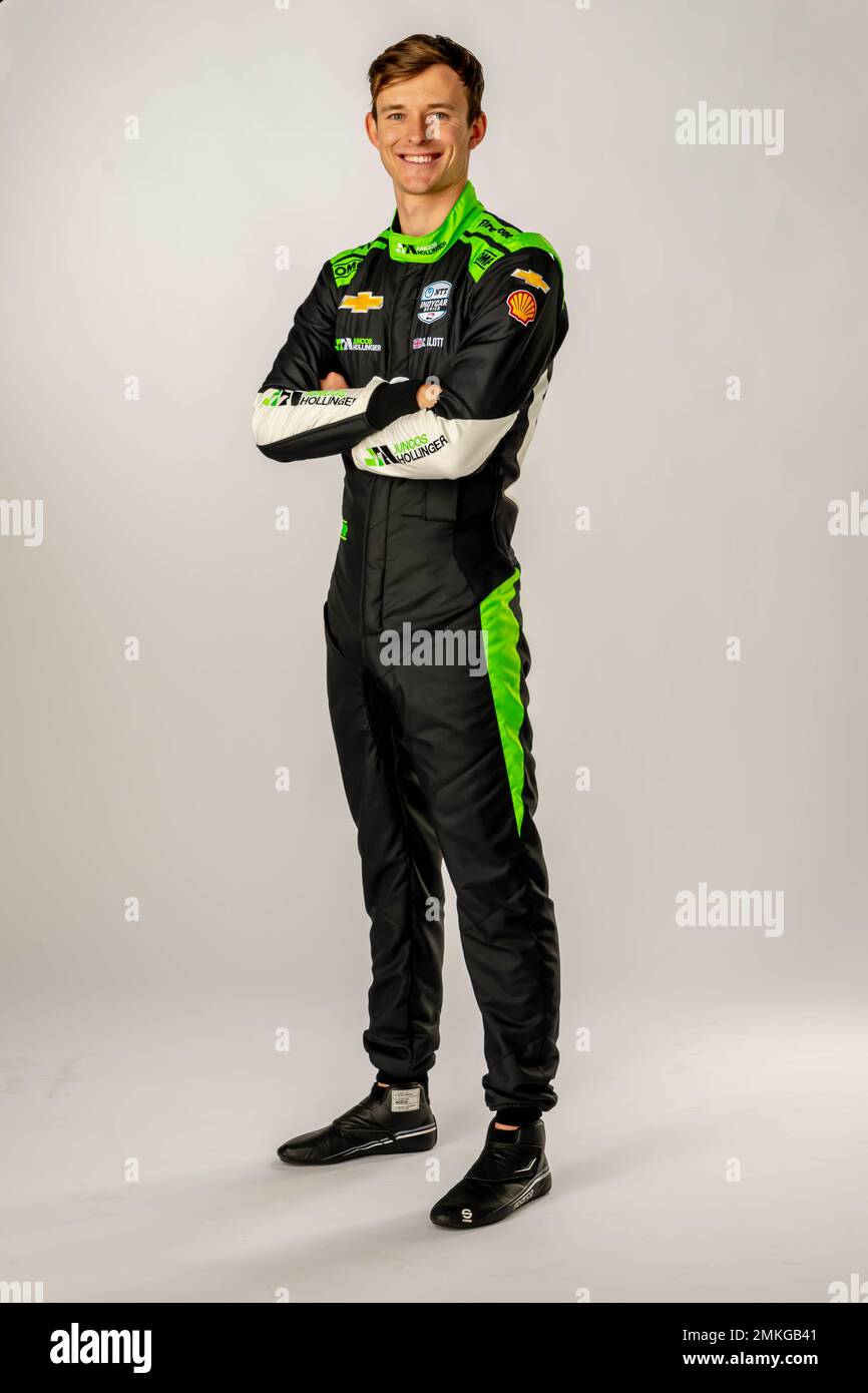 Speedway, IN, USA. 26th Jan, 2023. January 26, 2023 - Speedway, IN, USA: CALLUM ILOTT (77) of Cambridge, Cambridgeshire, England poses for photographs with his new uniform during the Juncos Hollinger Pre Season Studio Shoot at the Juncos Hollinger Racing World Headqurters in Speedway, IN, USA. (Credit Image: © Walter G. Arce Sr./ZUMA Press Wire) EDITORIAL USAGE ONLY! Not for Commercial USAGE! Stock Photo