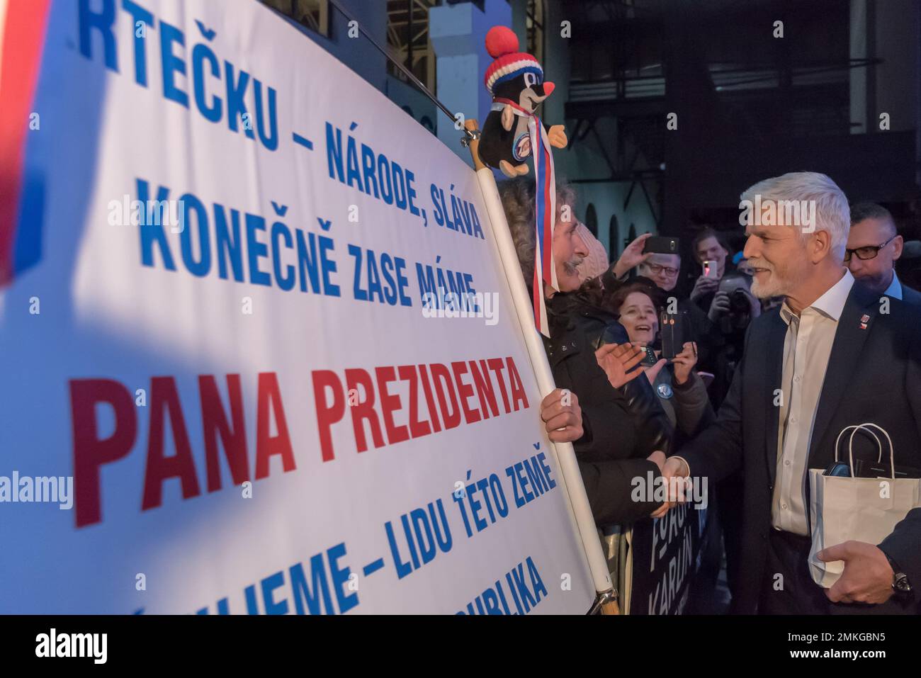 Prague, Czech Republic. 28th Jan, 2023. Winner of Czech presidential elections Petr Pavel (R) greets his supporter at his campaign headquarter in Prague. Petr Pavel wins the presidential elections, outpacing former Czech prime minister, chairman of political movement ANO and billionaire Andrej Babis. (Photo by Tomas Tkacik/SOPA Images/Sipa USA) Credit: Sipa USA/Alamy Live News Stock Photo