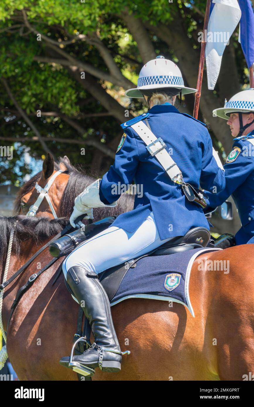 Mounted New South Wales Police women on horseback in full ceremonial uniform for the Australia Day celebrations near Sydney Harbour on January 26 2023 Stock Photo