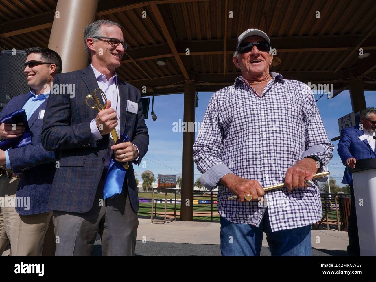 Milwaukee Brewers Hall of Fame Bob Uecker talks president of business  operations Rick Schlesinger at a ribbon at a ceremony for the team's  refurbished spring training baseball facility Tuesday, Feb. 12, 2019