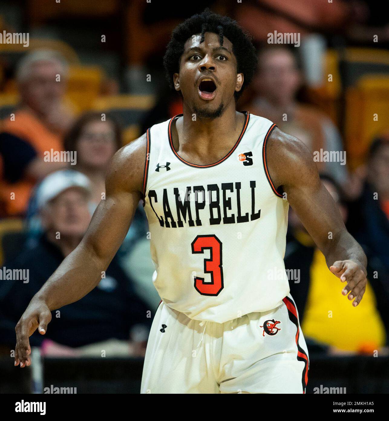 HOLD FOR RELEASE TBA** Campbell University guard Chris Clemons reacts  against Presbyterian College in the second half of an NCAA basketball game  Thursday, Jan. 24, 2019 in Buies Creek, N.C. (AP Photo/Jason