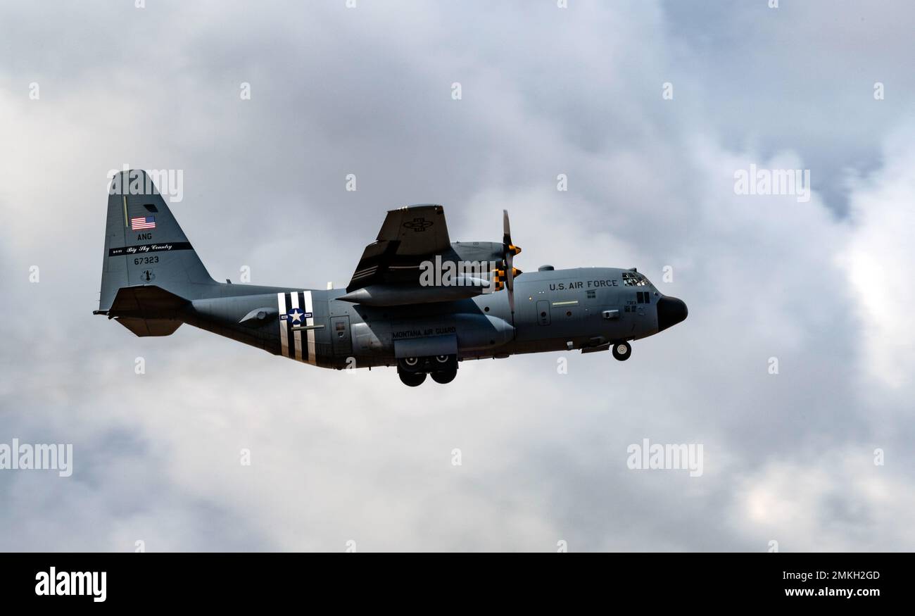 A C-130 Hercules aircraft assigned to the 120th Airlift Wing takes off from the  Montana Air National Guard Base, Great Falls, Montana Sept 9, 2022. The 'Heritage' paint scheme represents 75 years of Montana aviation history and is dedicated to the past, present, and future members of the MTANG Stock Photo