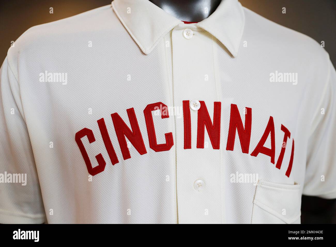 The Cincinnati Reds baseball team uniforms for the 2019 season are  displayed at Great American Ball Park, Monday, Jan. 7, 2019, in Cincinnati.  The Reds will play games in 15 sets of