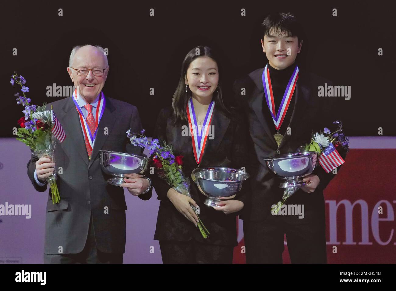 San Jose, CA, USA. 28th Jan, 2023. Olympic ice dancers Maia and Alex Shibutani with Paul E. George, ( director of the U.S. Olympic Committee) were elected to the U.S. Figure Skating Hall of Fame during a break in the Pairs Free Dance competition today. Credit: Motofoto/Alamy Live News Stock Photo