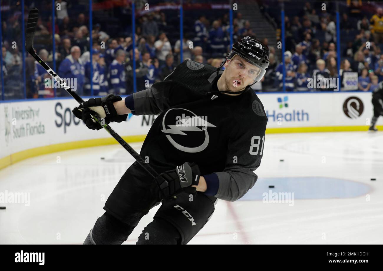 Tampa Bay Lightning defenseman Erik Cernak (81) before an NHL hockey