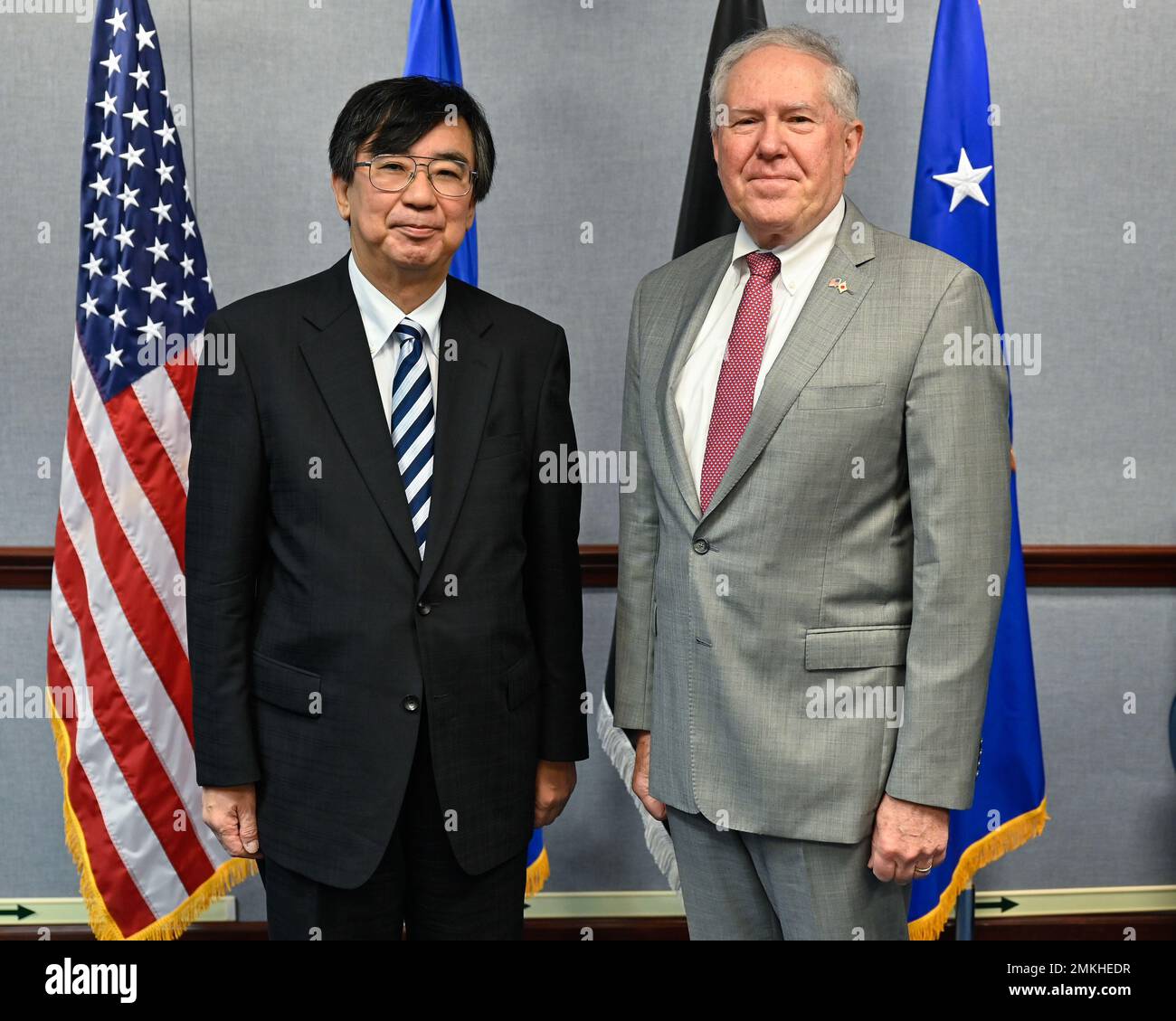 Secretary of the Air Force Frank Kendall, right, poses with Hideki ...