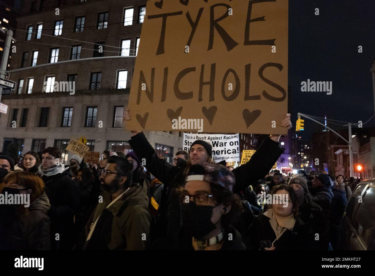 New York, New York, USA. 28th Jan, 2023. Demonstrators appear during a march for death of Tyre Nichols in New York. Nichols, a 29-year-old of Memphis, TN and a Black motorist, was pulled over Jan. 7 for what police said was reckless driving. After attempting to flee on foot, Nichols was later captured and aggressively beaten by police, newly released police video shows. Three days later, he died in the hospital. (Credit Image: © Brian Branch Price/ZUMA Press Wire) EDITORIAL USAGE ONLY! Not for Commercial USAGE! Credit: ZUMA Press, Inc./Alamy Live News Stock Photo