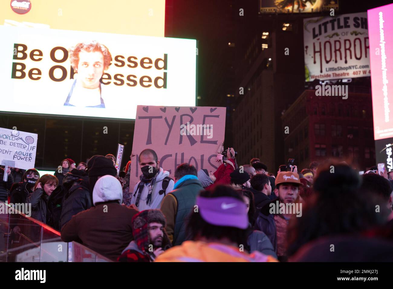 New York, New York, USA. 28th Jan, 2023. Demonstrators appear during a rally for death of Tyre Nichols at Times Square in New York. Nichols, a 29-year-old of Memphis, TN and a Black motorist, was pulled over Jan. 7 for what police said was reckless driving. After attempting to flee on foot, Nichols was later captured and aggressively beaten by police, newly released police video shows. Three days later, he died in the hospital. (Credit Image: © Brian Branch Price/ZUMA Press Wire) EDITORIAL USAGE ONLY! Not for Commercial USAGE! Credit: ZUMA Press, Inc./Alamy Live News Stock Photo