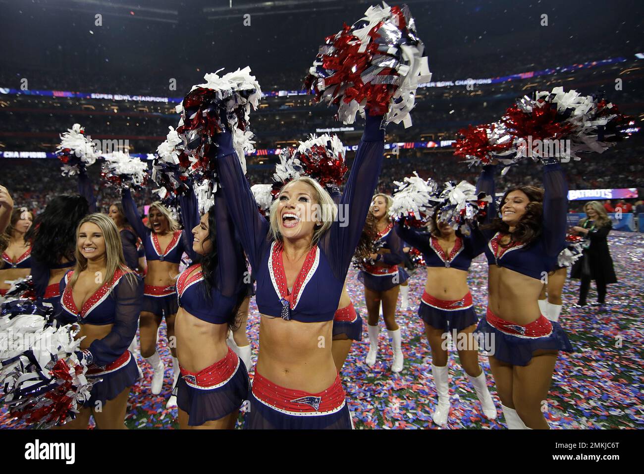 New England Patriots cheerleaders celebrate after the NFL Super Bowl 53  football game between the Los