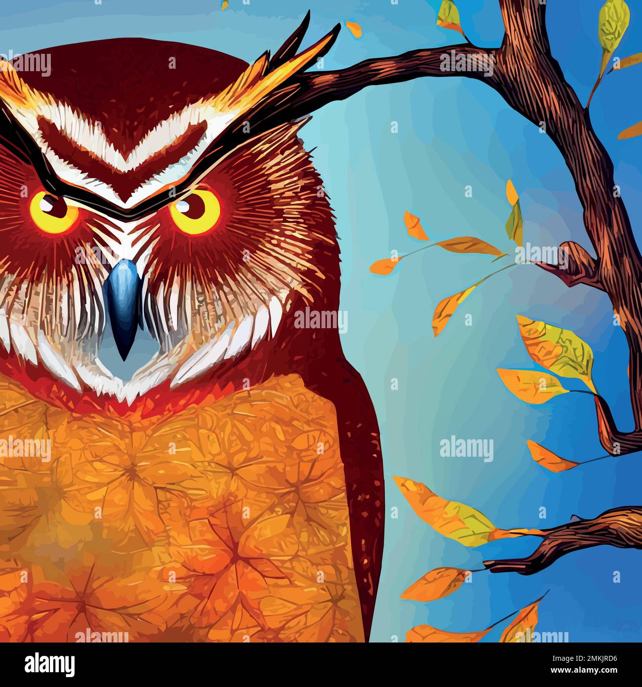 Beautiful hand drawn owl in the forest. wise bird dressed in retro. 