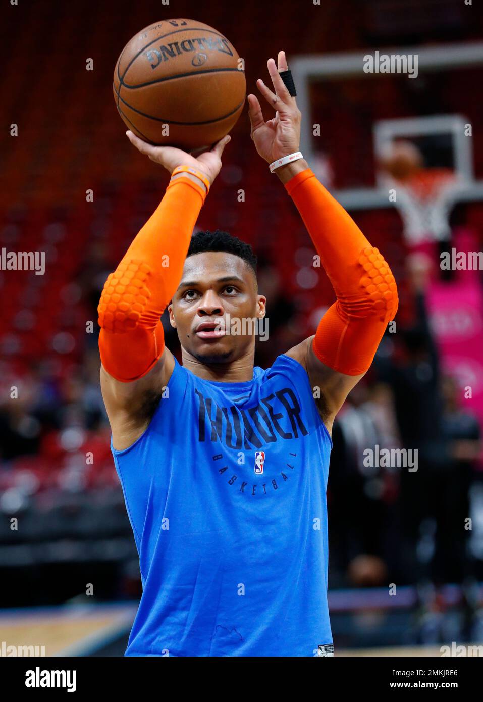 Oklahoma City Thunder guard Russell Westbrook warms up before the start of  an NBA basketball game against the Miami Heat, Friday, Feb. 1, 2019, in  Miami. (AP Photo/Wilfredo Lee Stock Photo - Alamy