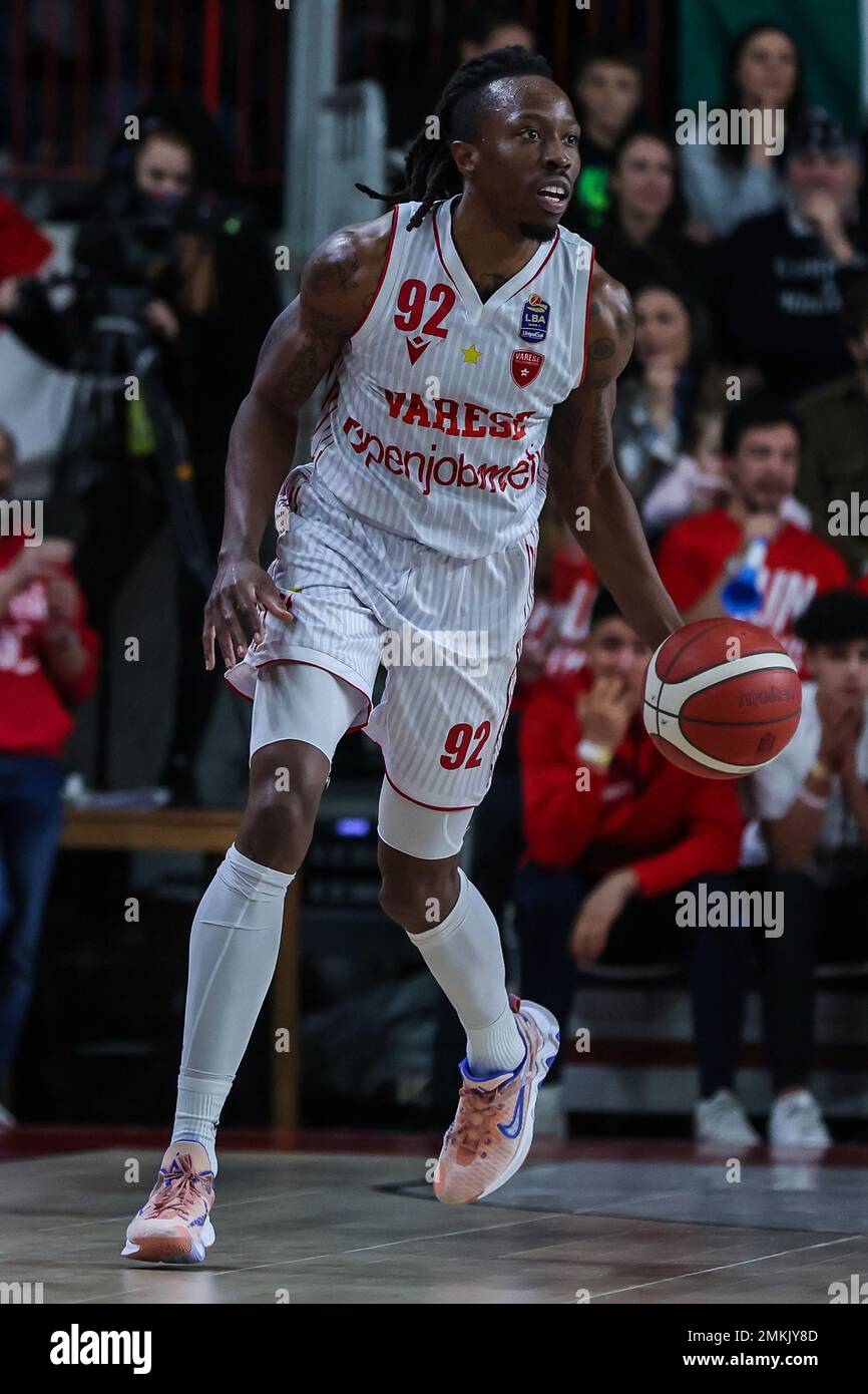 Varese, Italy. 28th Jan, 2023. Jaron Johnson #92 of Pallacanestro Varese OpenJobMetis in action during LBA Lega Basket A 2022/23 Regular Season game between Pallacanestro Varese OpenJobMetis and Germani Brescia at Palasport Lino Oldrini, Varese, Italy on January 28, 2023 Credit: Independent Photo Agency/Alamy Live News Stock Photo