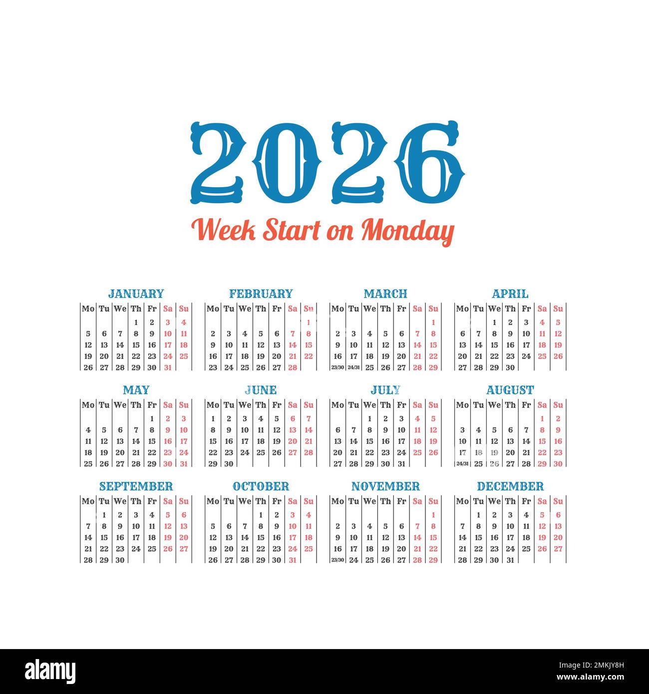 2026 vintage vector calendar template. Weeks start on Monday Stock