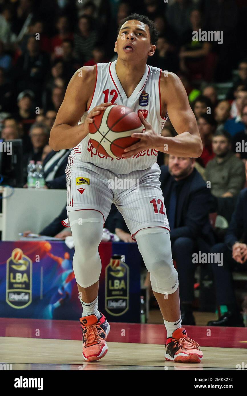 Varese, Italy. 28th Jan, 2023. Justin Reyes #12 of Pallacanestro Varese OpenJobMetis in action during LBA Lega Basket A 2022/23 Regular Season game between Pallacanestro Varese OpenJobMetis and Germani Brescia at Palasport Lino Oldrini, Varese, Italy on January 28, 2023 Credit: Independent Photo Agency/Alamy Live News Stock Photo
