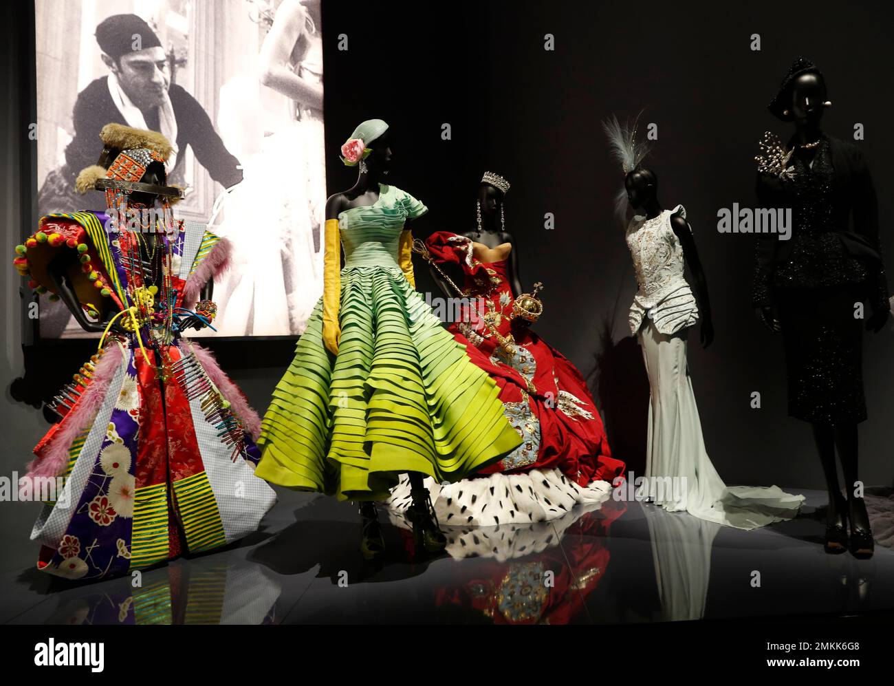 A selection of Christian Dior dresses designed by John Galliano on display during a press preview of the largest exhibition in the United Kingdom of the Paris based fashion House of Dior