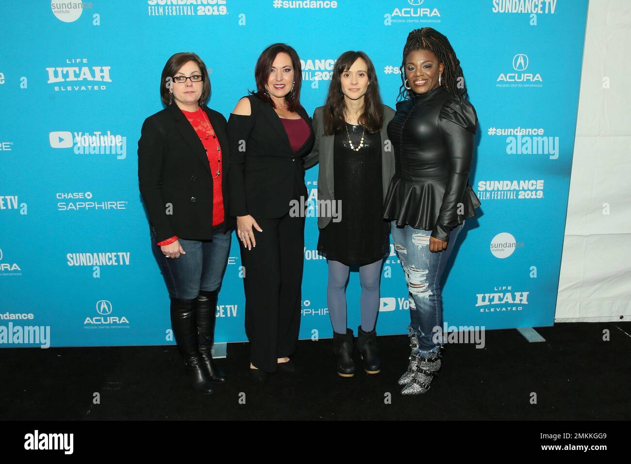 Documentary subjects, Paula Jean Swearengin, left, Amy Vilela, second left,  and Cori Bush, right, pose with filmmaker Rachel Lears, third left, at the  premiere of "Knock Down The House", a documentary about