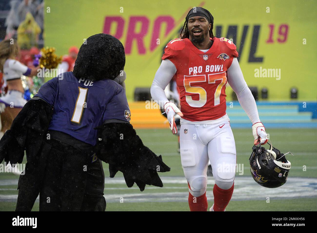 AFC inside linebacker C.J. Mosley (57), of the Baltimore Ravens, runs onto  the field during player introductions before the NFL Pro Bowl football game  against the NFC Sunday, Jan. 27, 2019, in