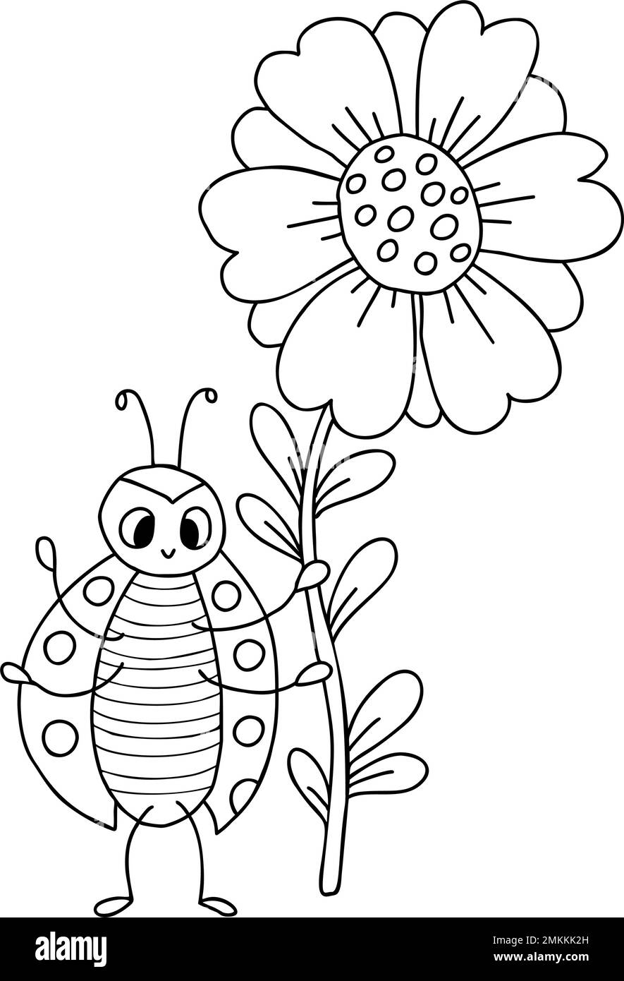 Cute Ladybug. Small Insect With Large Flower. Vector Illustration 