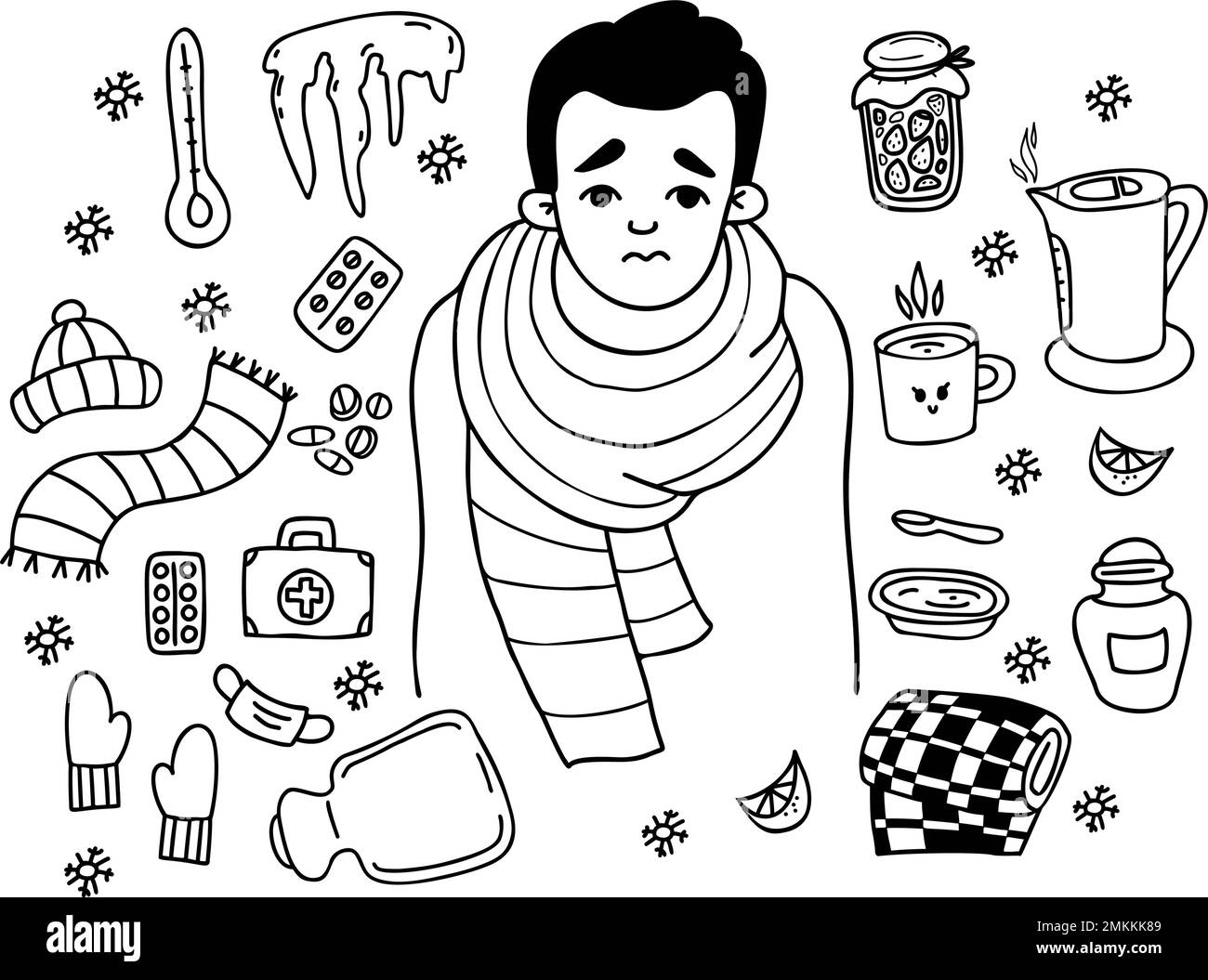 Sick sad man wrapped in scarf. Collection of medical supplies pills, first aid kit, hat, gloves, jam, kettle, heating pad and thermometer. Isolated ve Stock Vector