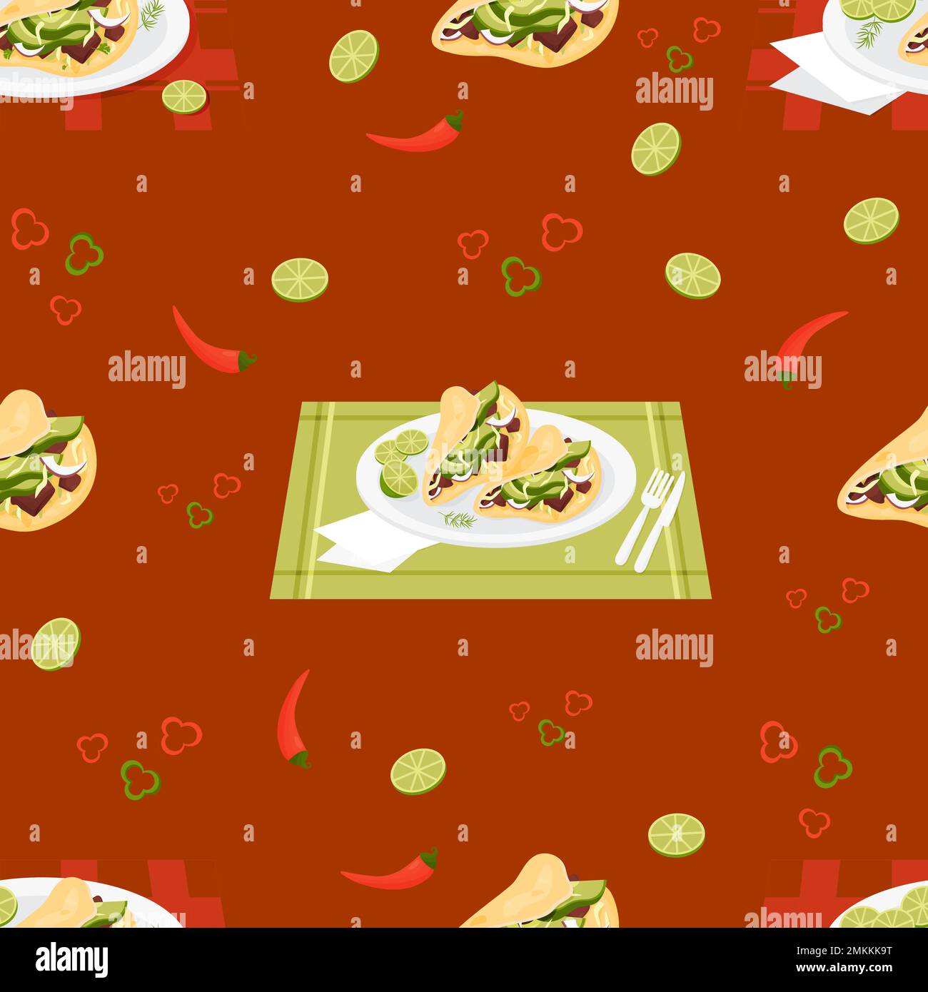 Seamless pattern with Mexican Tacos. latin american food in plate on burgundy background with chili peppers and lime slices. Vector illustration. Endl Stock Vector