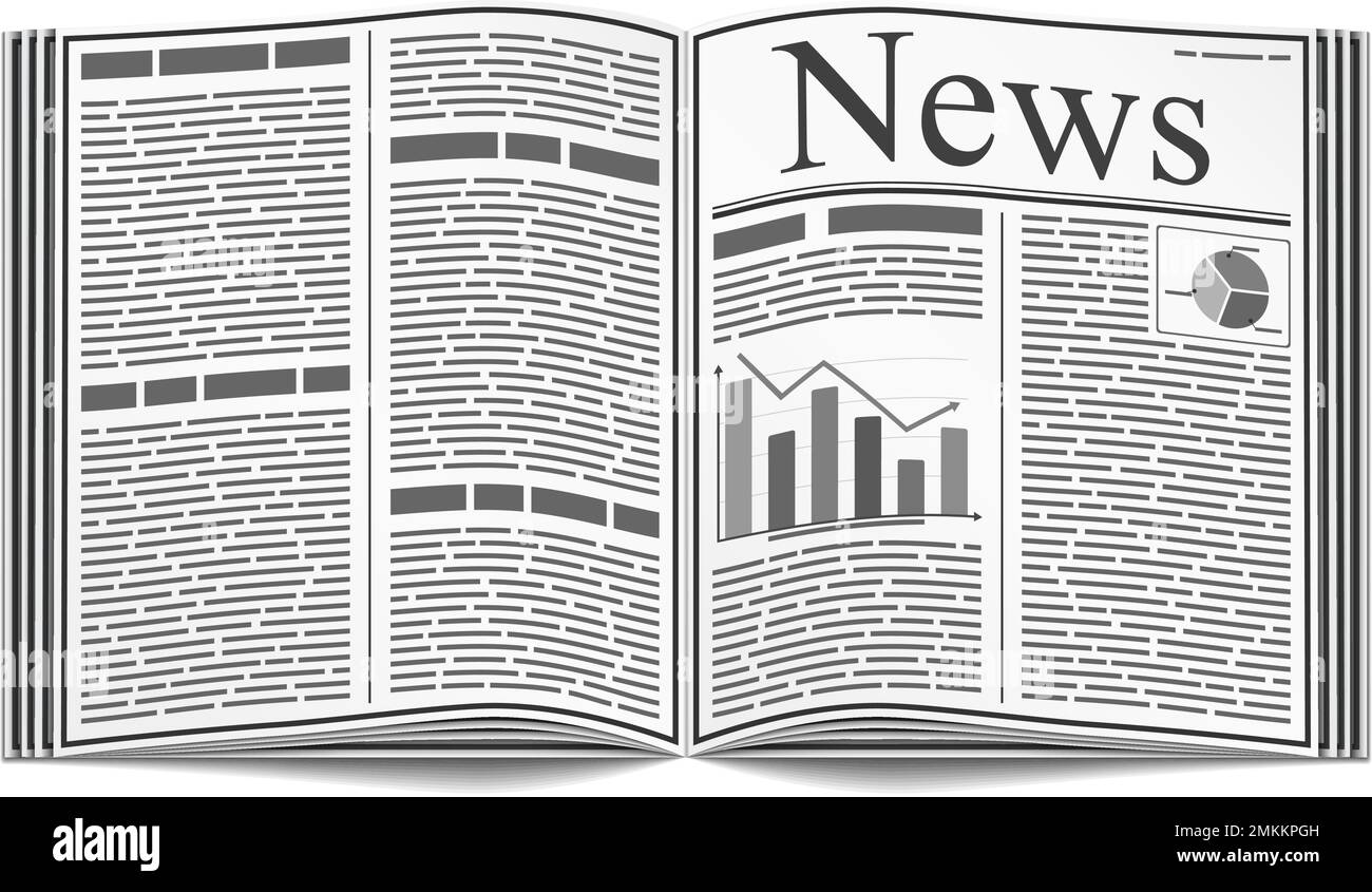 Open newspaper with an abstract text and graphs isolated on white