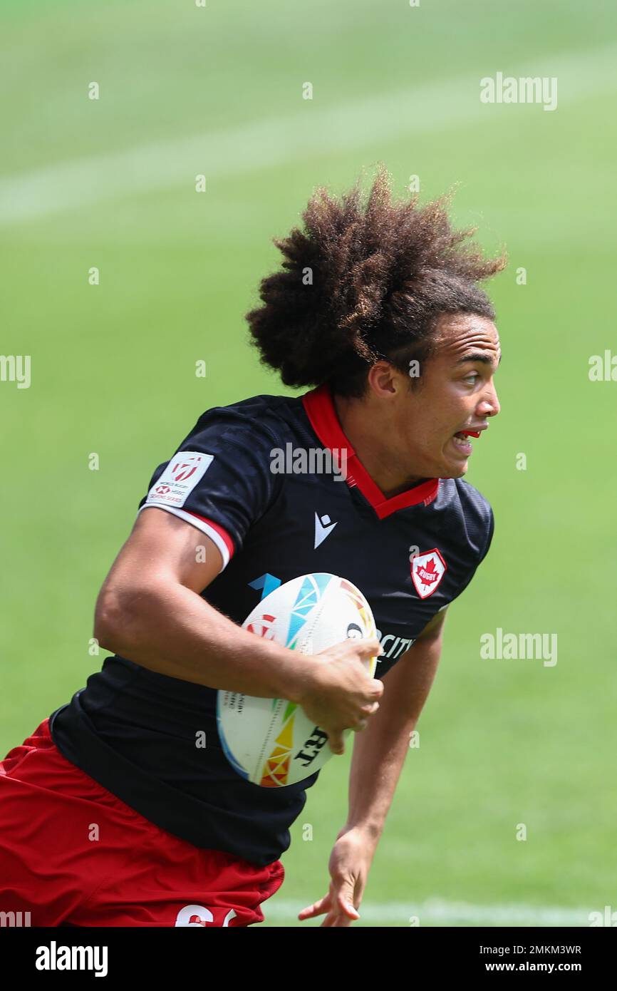 Sydney, Australia. 29th January 2023; Allianz Stadium, Sydney, NSW, Australia: HSBC Sydney Rugby Sevens, Tonga versus Canada; Elias Hancock of Canada runs to score a try Credit: Action Plus Sports Images/Alamy Live News Stock Photo